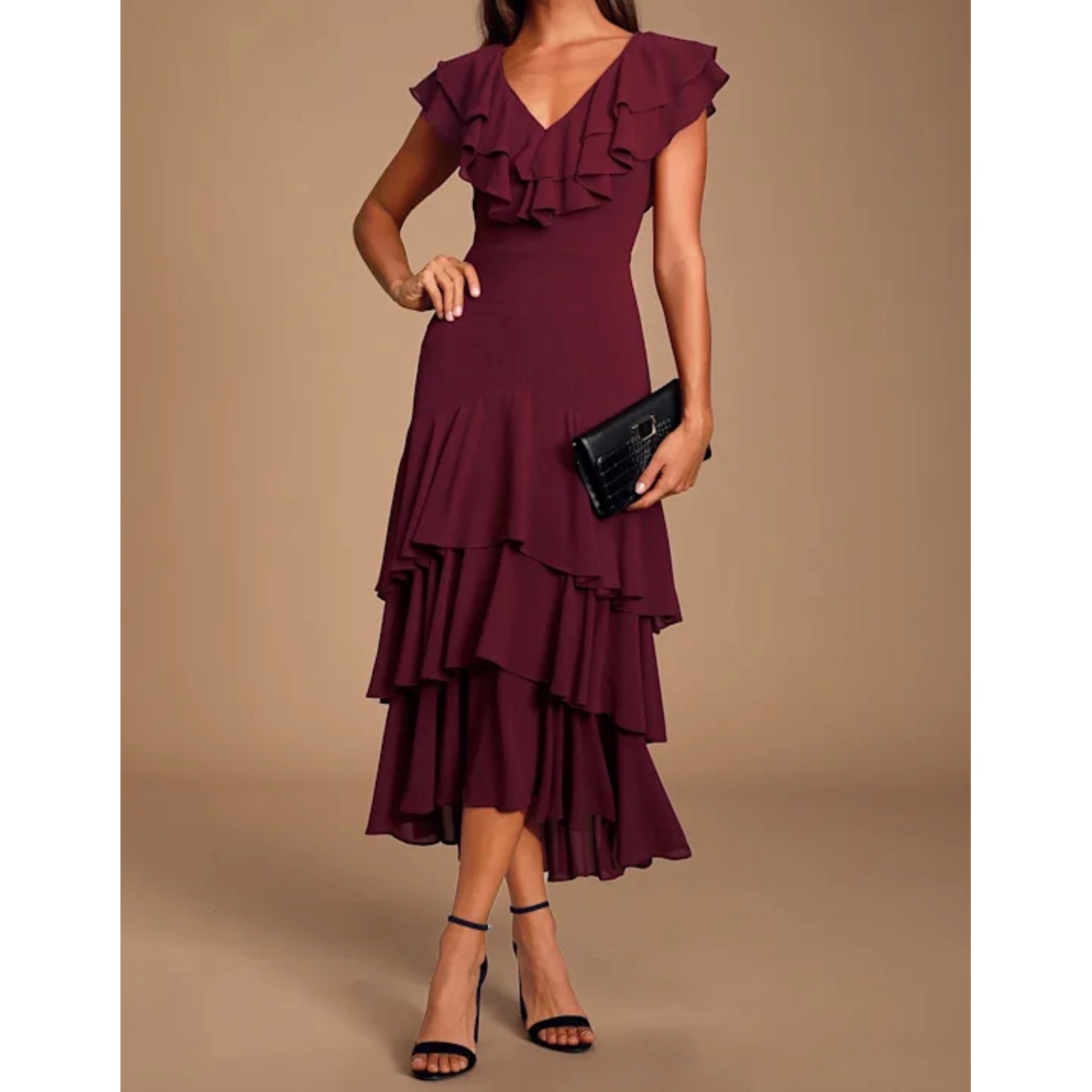 Lulus Betsey Burgundy Ruffled Tiered High-Low Midi Dress Xs New With Tags